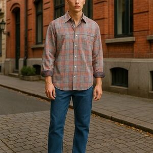 Tallia Men Button Up Shirt L 16.5 Plaid‎ Floral Long Sleeve Colorful Spring Corp